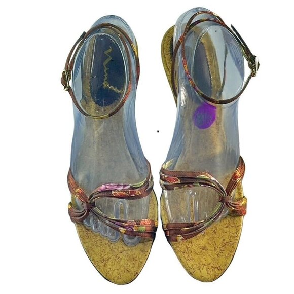 Nina Womens 8.5 Brown & Gold Open-Toe Heels With Ankle Strap - Picture 4 of 11